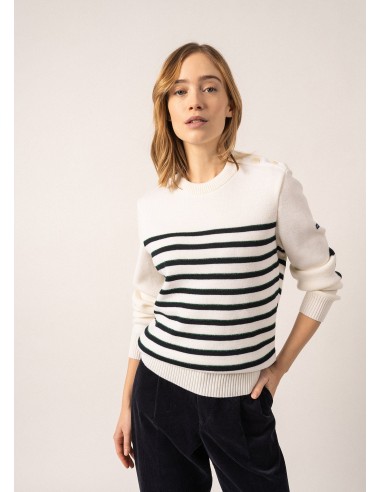 Pull esprit marin rayé Verdon - à coudières carrées, en laine (BLANC/NAVY/VERT) suggérées chez