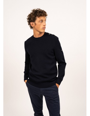 Pull marin uni Dinan - à coudières jacquard, en laine vierge (MARINE) solde